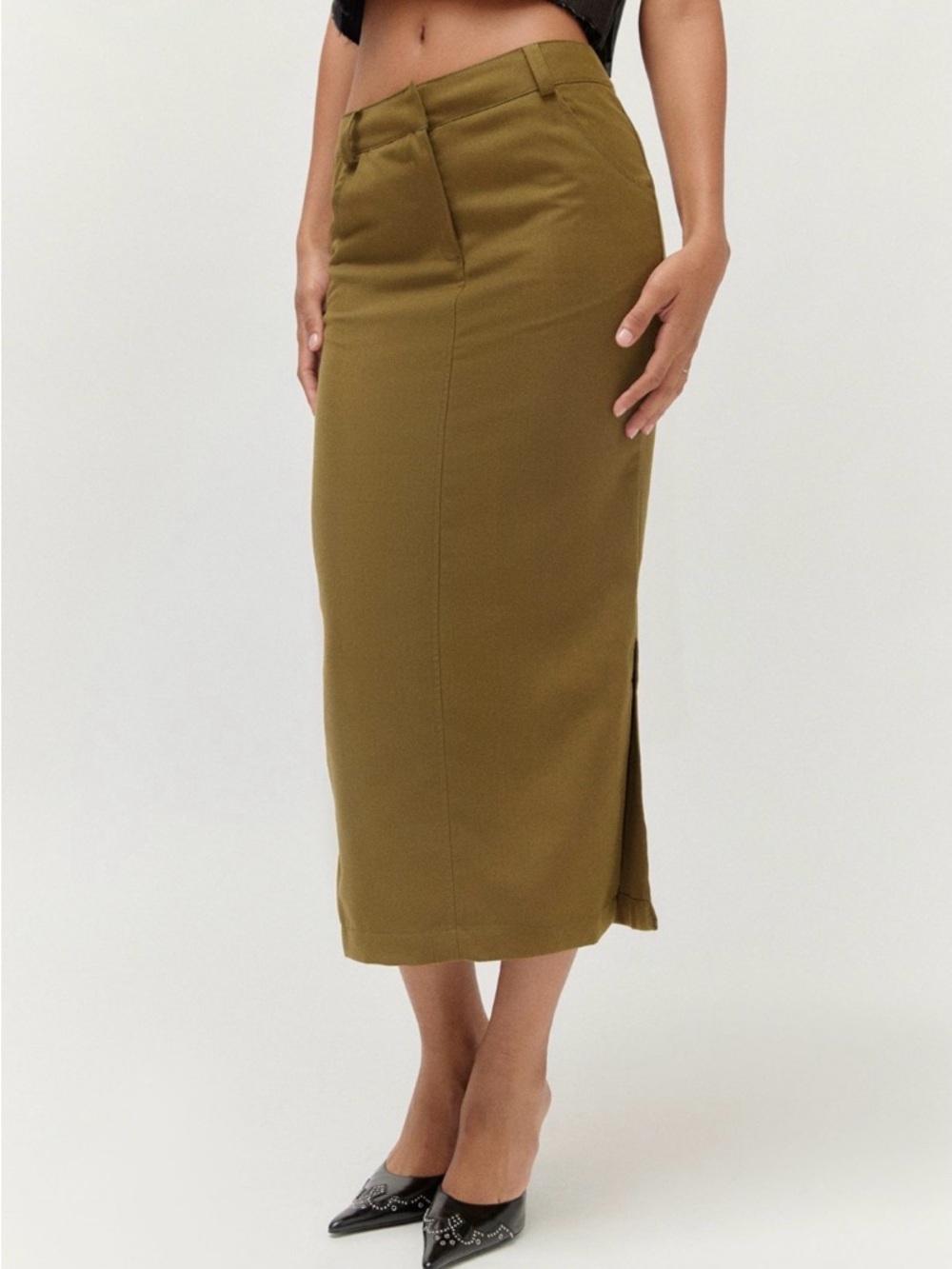 Urban Outfitters Olive Midi Pencil Skirt with Side Slits - Picture 4 of 5